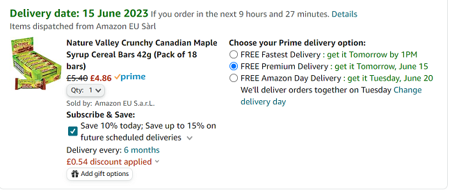 Screenshot of Nature Valley Crunchy Canadian Maple Syrup Cereal Bars 42g (Pack of 18 bars)for £4.86 at Amazon