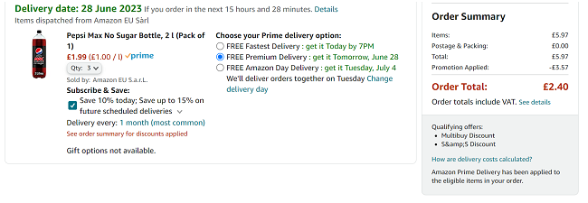 Screenshot showing Pepsi Max 2 Litre Bottle 3 For £2.40 at Amazon