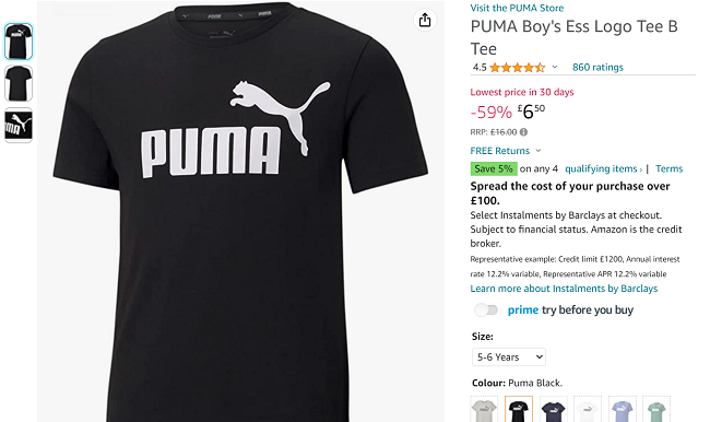 Screenshot showing Puma Boy's Essential Logo T-Shirt for £6.50 at Amazon