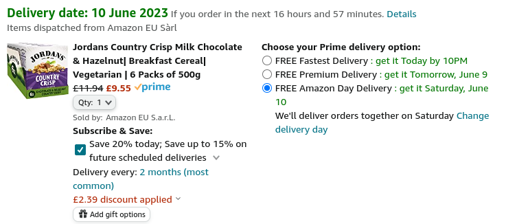 Jordans Country Crisp Breakfast Cereal 6 x 500g From £9.55 @ Amazon