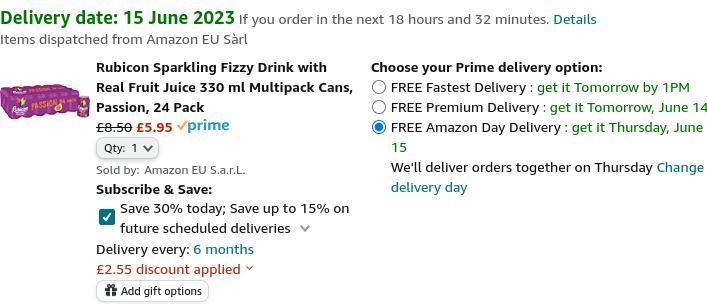Rubicon Sparkling Passion Fruit Fizzy Drink Cans (Pack of 24) £5.40 @ Amazon