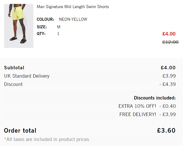 Screenshot showing Men's Swim Shorts for £3.60 at BoohooMAN