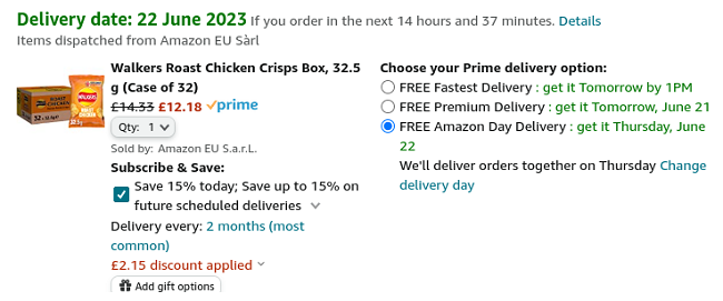 Screenshot showing Walkers Roast Chicken Crisps Box 32.5g (Case of 32) for £12.18 at Amazon