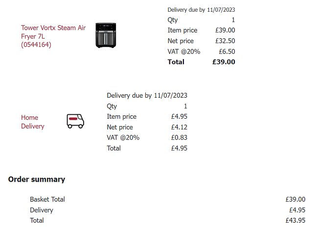 Screenshot showing Tower Vortx Steam Air Fryer 7L for £39 at Wilko