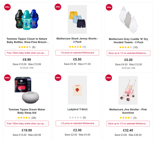 Screenshot of baby offers at Boots