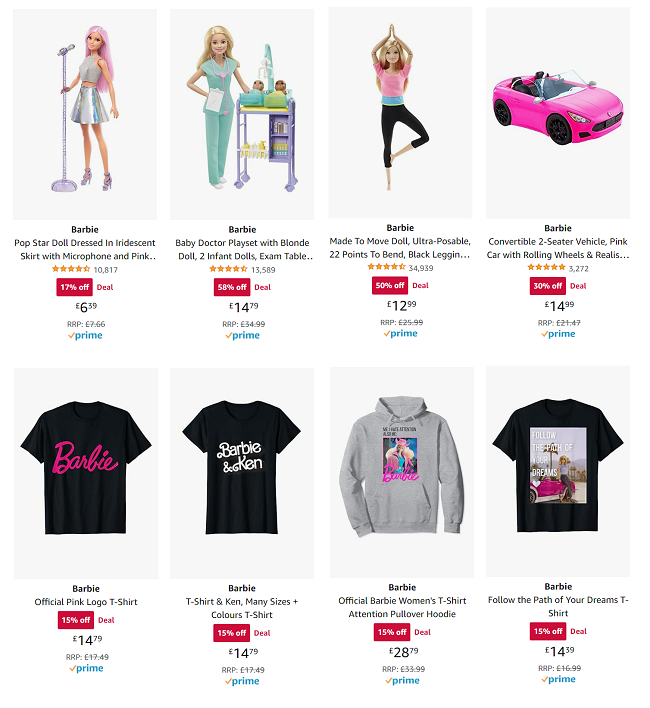 Screenshot of Barbie offers at Amazon