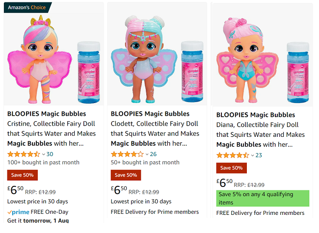 Screenshot showing Bloopies Magic Bubbles Fairy Dolls for £6.50 at Amazon