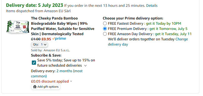 Screenshot of The Cheeky Panda Bamboo Biodegradable Baby Wipes for 95p at Amazon