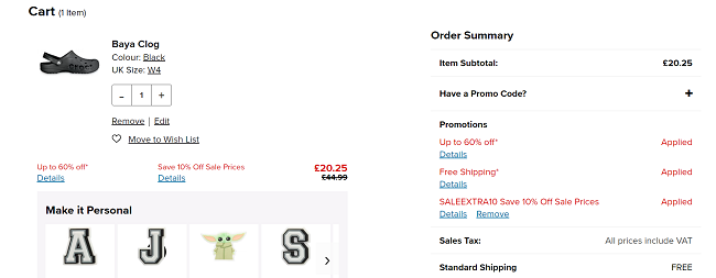 Screenshot showing Baya Clogs for £20.25 with code at Crocs
