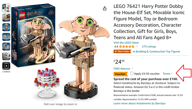 Screenshot of LEGO 76421 Harry Potter Dobby the House-Elf for £19.99 with voucher at Amazon