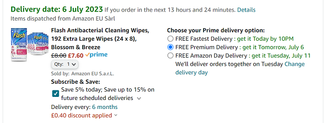 Screenshot showing Flash Antibacterial Cleaning Wipes 192 Extra Large Wipes for £7.60 at Amazon