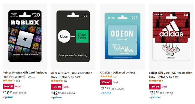 Screenshot of reduced gift cards at Amazon