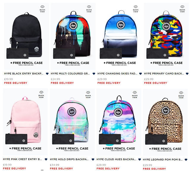 Screenshot of Hype backpacks
