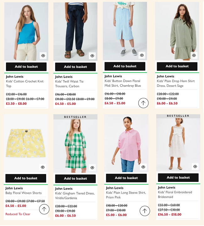 Screenshot of kids sale at John Lewis & Partners
