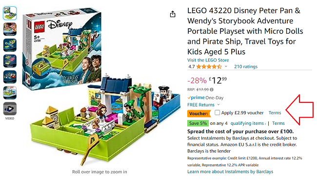 Screenshot showing LEGO 43220 Disney Peter Pan & Wendy's Storybook Adventure Portable Playset for £10 with £2.99 off tick box voucher Amazon