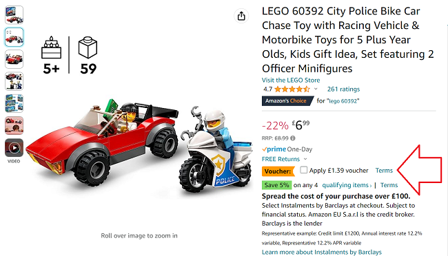 Screenshot showing LEGO 60392 City Police Bike Car Chase for £5.60 at Amazon