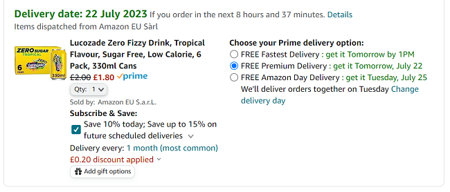 Screenshot showing Lucozade Zero Sugar Tropical 330ml Cans 6 Pack £1.80 at Amazon