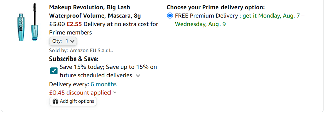 Screenshot of Makeup Revolution Big Lash Waterproof Volume Mascara for £2.55 at Amazon