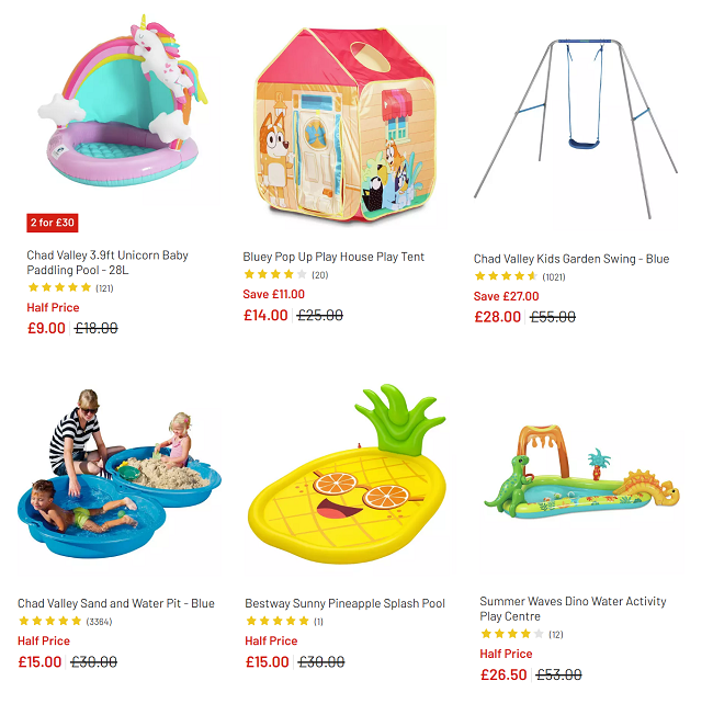 Screenshot of reduced outdoor toys at Argos
