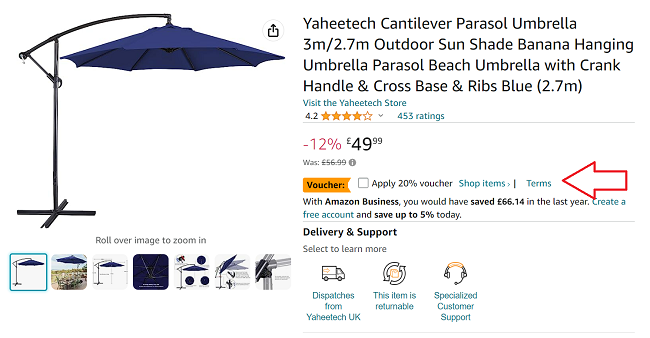 Screenshot showing Yaheetech Cantilever Parasol Umbrella 2.7m Blue for £39.99 at Amazon seller Yaheetech UK