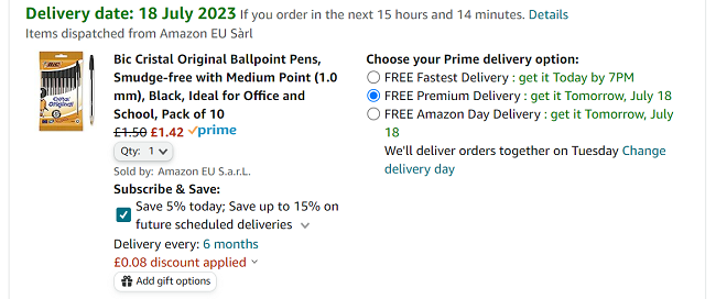 Screenshot showing Bic Cristal Original Ballpoint Pens Black Pack Of 10 for £1.42 at Amazon