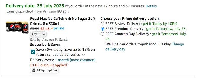 Screenshot of Pepsi Max No Caffeine & No Sugar Soft Drinks 8 x 330ml for £2.45 at Amazon