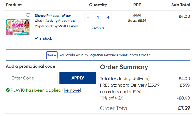 Screenshot showing Disney Wipe Clean Activity Placemats for £3.60 with code at The Works
