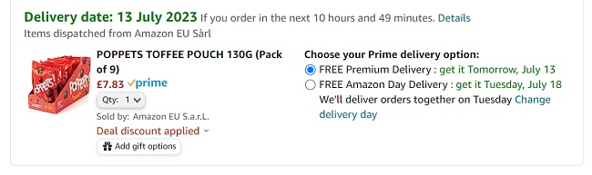 Screenshot showing Poppets Toffee 130g x 9 for £7.83 at Amazon