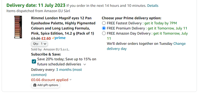 Screenshot showing Rimmel London Magnifeyes 12 Pan Eyeshadow Palette for £2.60 at Amazon