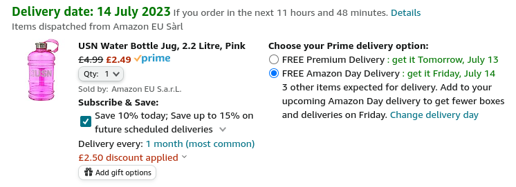 USN Water Bottle Jug 2.2 Litre Pink £2.49 @ Amazon