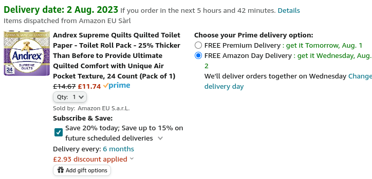 Andrex Supreme Quilts Quilted Toilet Paper 24 Pack £11.74 @ Amazon