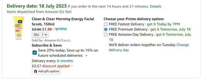 Screenshot showing Clean & Clear Morning Energy Facial Scrub 150ml for £1.99 at Amazon