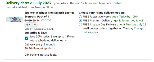 Screenshot showing Spontex Washups Non Scratch Sponge Scourers Pack of 4 for 74p at Amazon