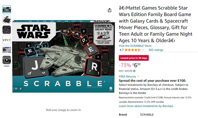 Screenshot showing Scrabble Star Wars Edition Board Game for £6.99 at Amazon