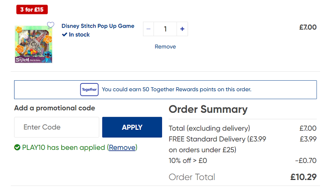 Screenshot showing Disney Stitch Pop Up Game for £6.30 with code at The Works