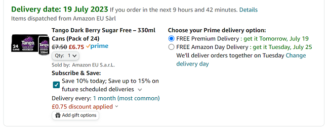 Screenshot showing Tango Dark Berry Sugar Free 330ml Cans (Pack of 24) for £6.75 at Amazon