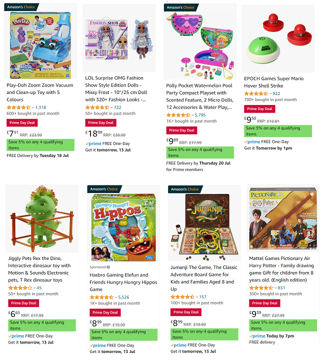 Screenshot of Prime Day toy deals at Amazon