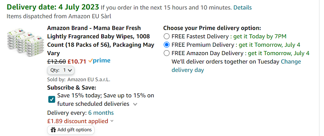 Screenshot of 18 Packs Of Mama Bear Fresh Lightly Fragranced Baby Wipes for £10.71 at Amazon