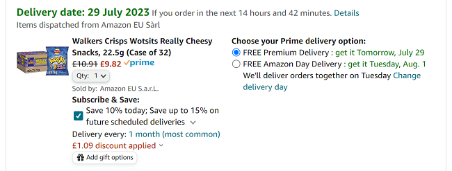 Screenshot showing Walkers Crisps Wotsits Really Cheesy Snacks, 22.5g (Case of 32) for £9.82 at Amazon