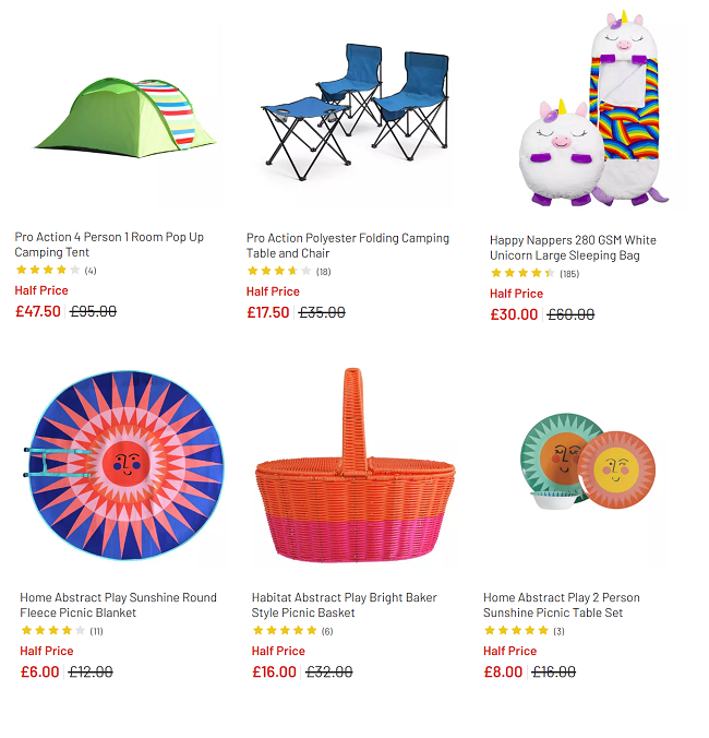 Screenshot of camping sale at Argos