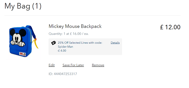 Screenshot showing Mickey Mouse Backpack for £12 with code at shopDisney