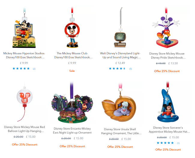 Screenshot showing reduced Disney Christmas decorations from shopDisney