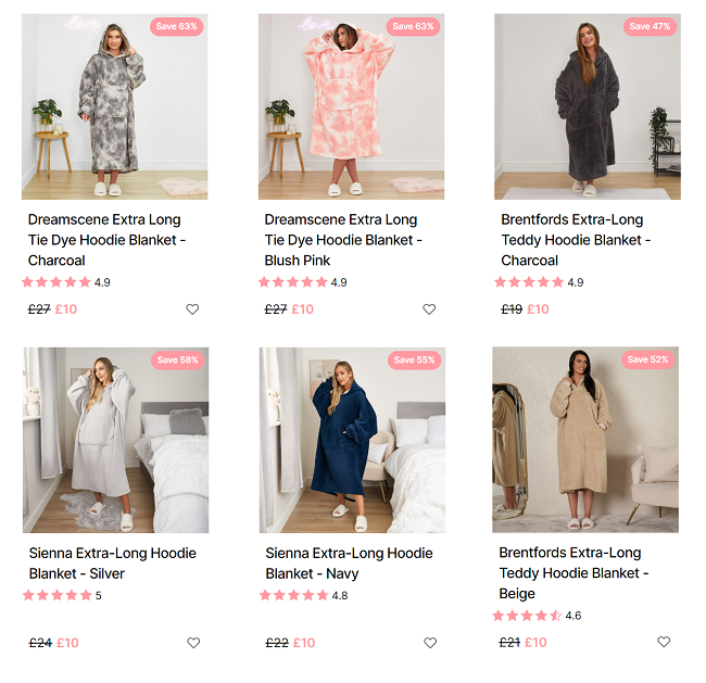 Screenshot of Extra-Long Hoodie Blankets at Online Home Shop