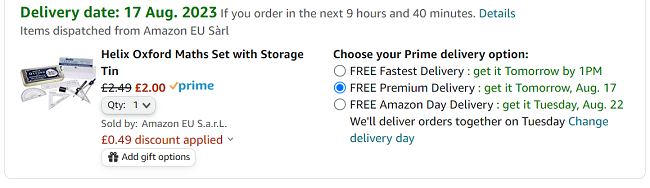 Screenshot showing Helix Oxford Maths Set with Storage Tin for £2 at Amazon