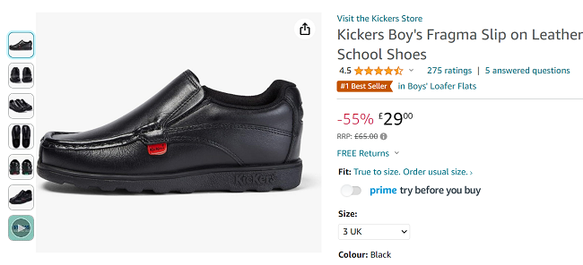 Screenshot of Kickers Boy's Fragma Slip on Leather School Shoes for £29 at Amazon
