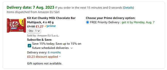 Screenshot of Kit Kat Chunky Milk Chocolate Bar Multipack, 4 x 40g for £1.27 at Amazon