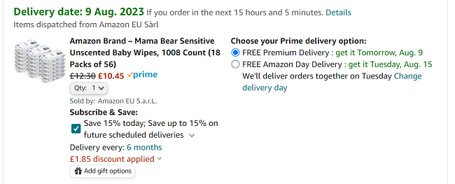 Screenshot of Pack Of 18 Mama Bear Sensitive Unscented Baby Wipes for £10.45 at Amazon