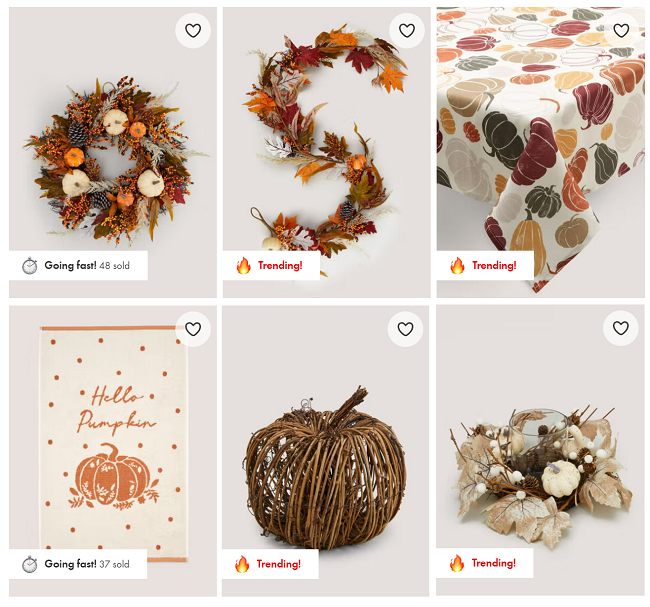 Screenshot of pumpkin range at Matalan