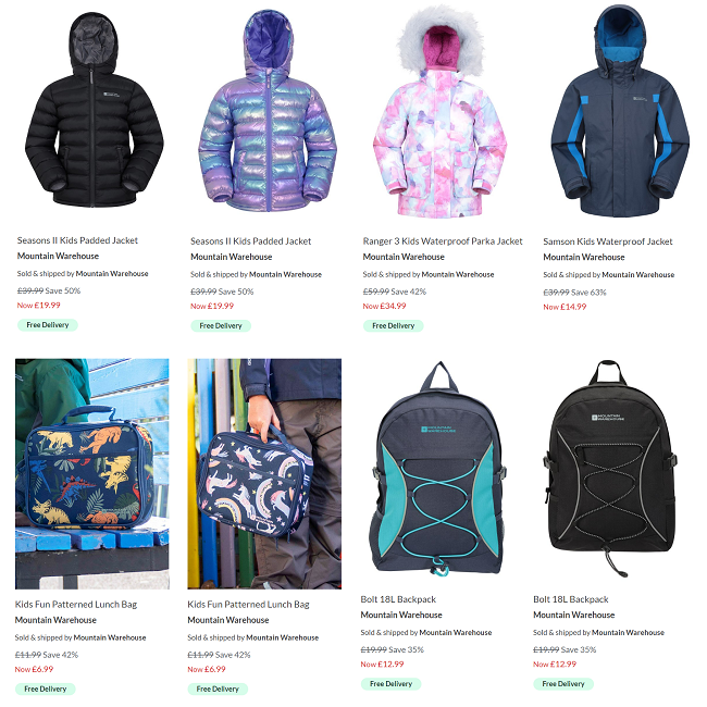 Screenshot showing Back To School items at Mountain Warehouse
