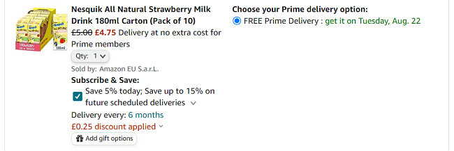 Screenshot showing Nesquik Strawberry Milk Drink 180ml Carton (Pack of 10) for £4.75 at Amazon